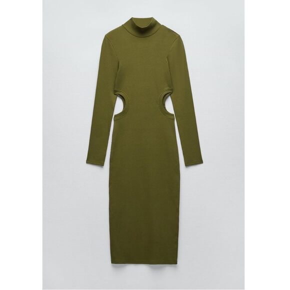 Zara NWT Cut Out Rib Midi Dress in Khaki - Picture 3 of 10